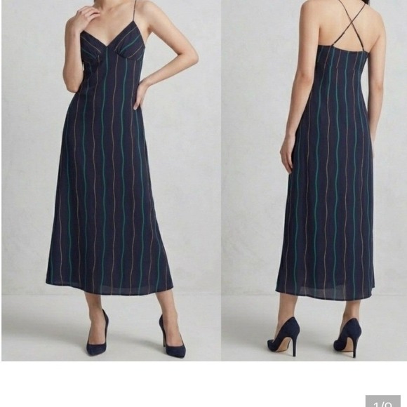 Madewell Dresses & Skirts - Madewell Navy Blue Striped Slip Midi Dress V-Neck Cross Back Size 14 NEW